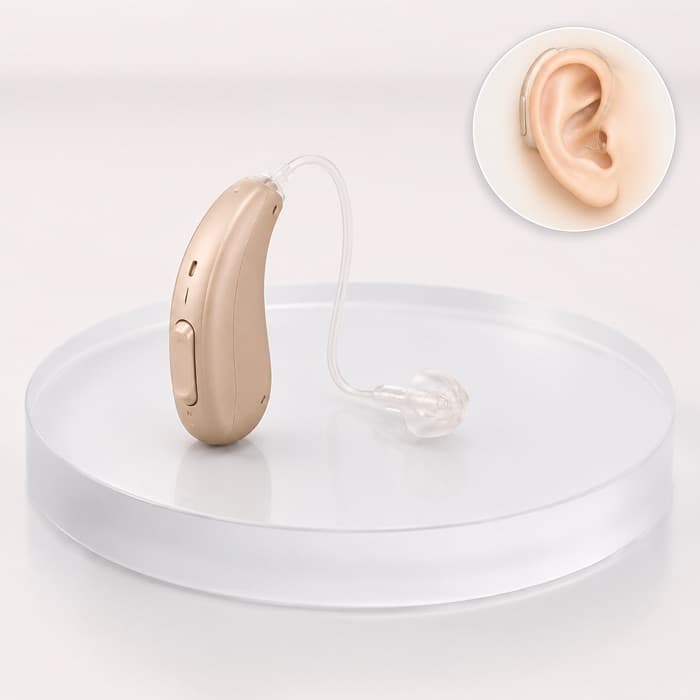 A BTE hearing aid, showing where it sits on the ear