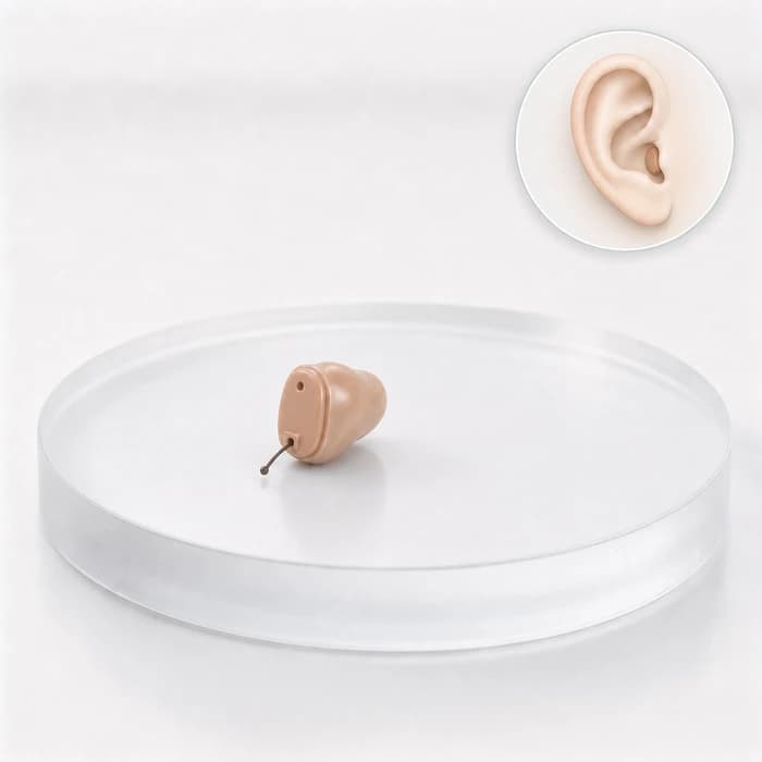 A CIC hearing aid, showing where it sits on the ear