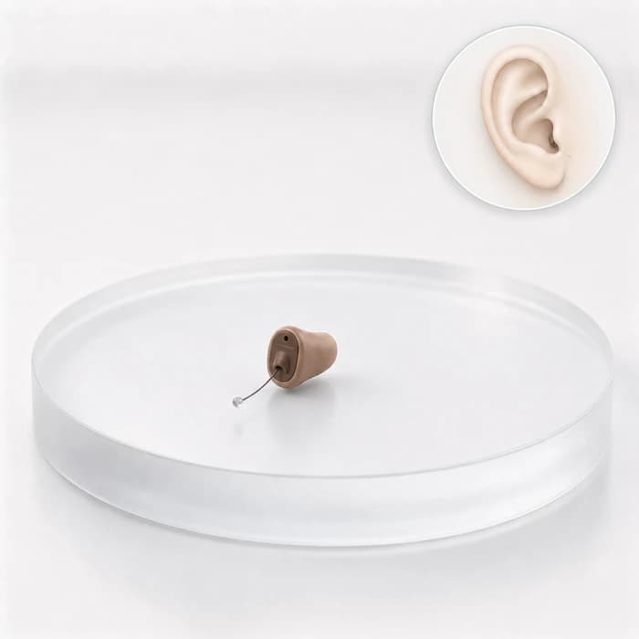 A IIC hearing aid, showing where it sits on the ear