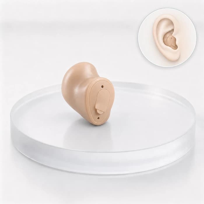 A ITE hearing aid, showing where it sits on the ear