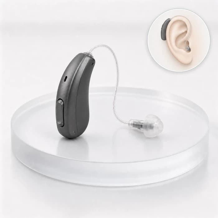 A RIC hearing aid, showing where it sits on the ear