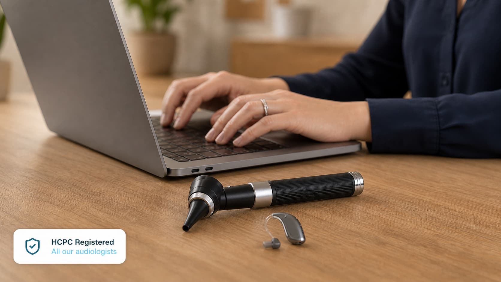 Otoscope and a hearing aid on a desk beside a laptop, with an 'HCPC Registered, All our audiologists' badge