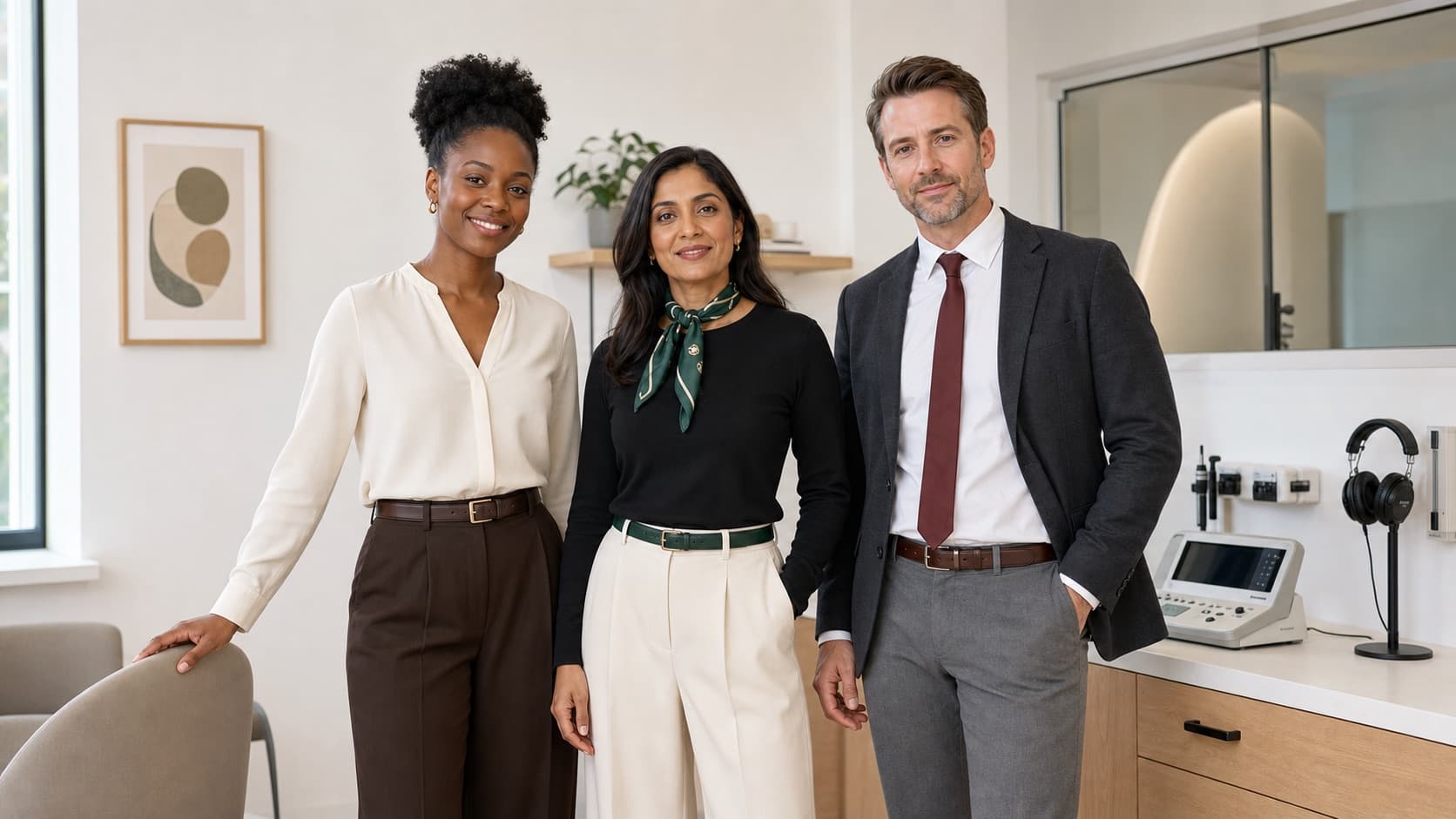 Three of Soundwell's regulated audiologists standing together in a clinic room