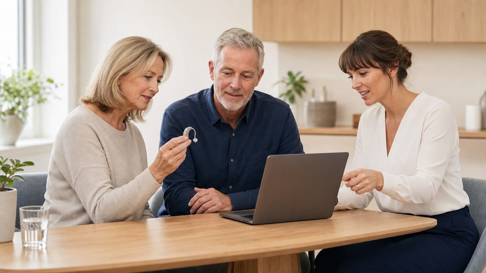 An audiologist showing a couple a hearing aid during a home visit consultation
