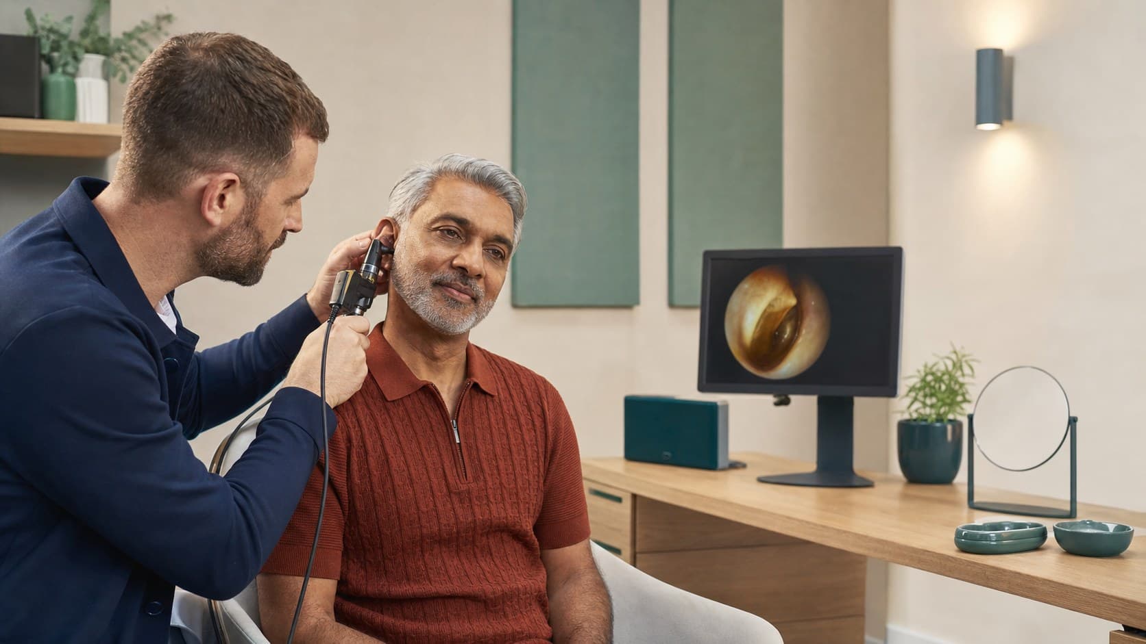 An audiologist using a video otoscope to examine a patient's ear canal, shown live on a monitor