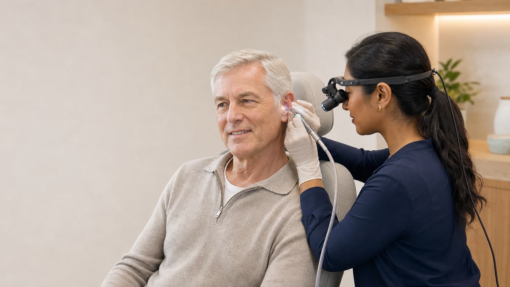 Audiologist using a headlamp otoscope and microsuction tool to examine a patient's ear