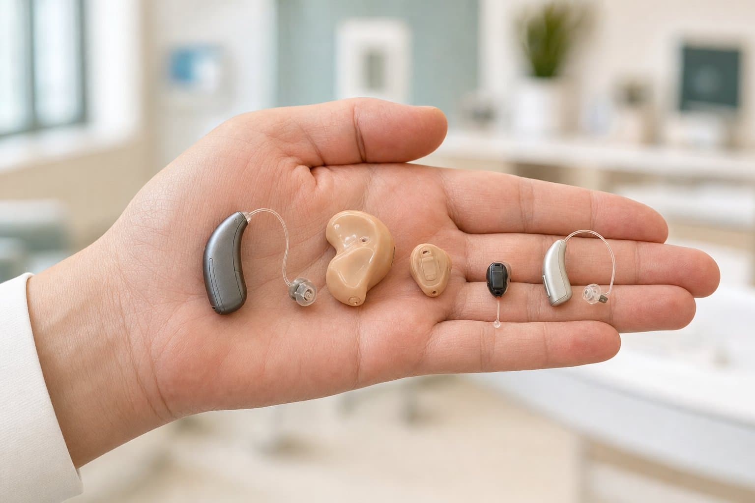 A range of hearing aid styles, from behind-the-ear to completely-in-canal, held in an audiologist's hand