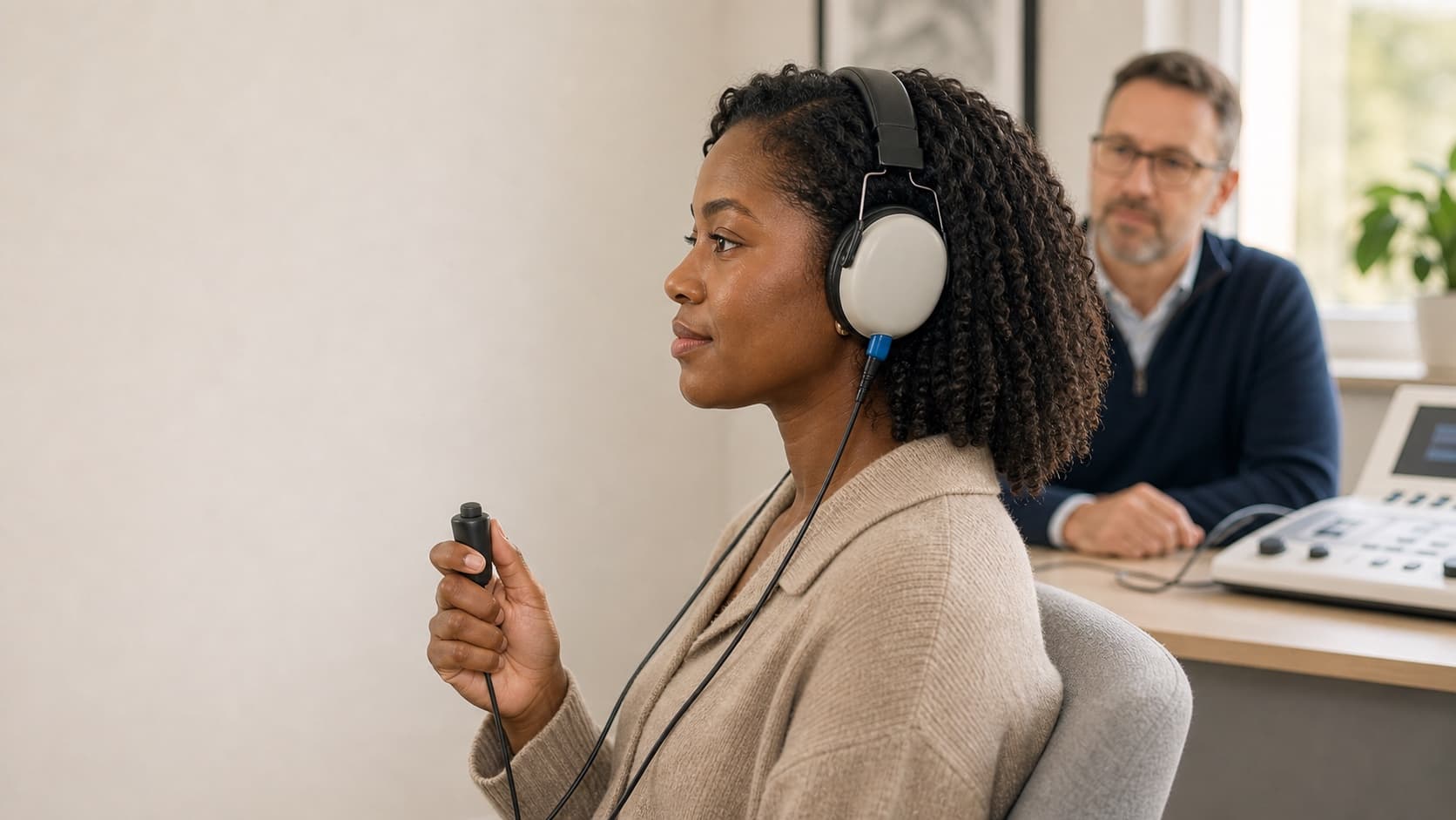 Woman wearing headphones and holding a response button during a pure-tone hearing test, with an audiologist and audiometer in the background