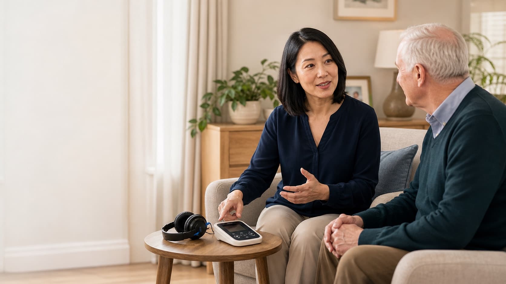 Audiologist consulting with a patient at home, with portable hearing test equipment on the table