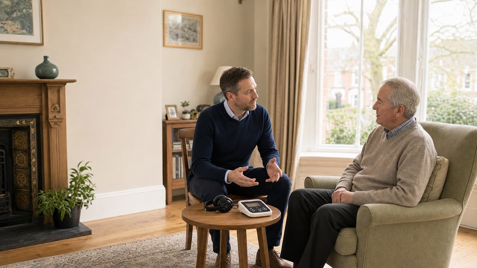 Audiologist consulting with an elderly man at home, with portable hearing test equipment on the table