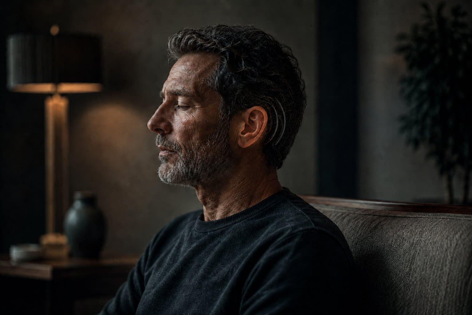 A man sitting quietly with his eyes closed, wearing a receiver-in-canal hearing aid