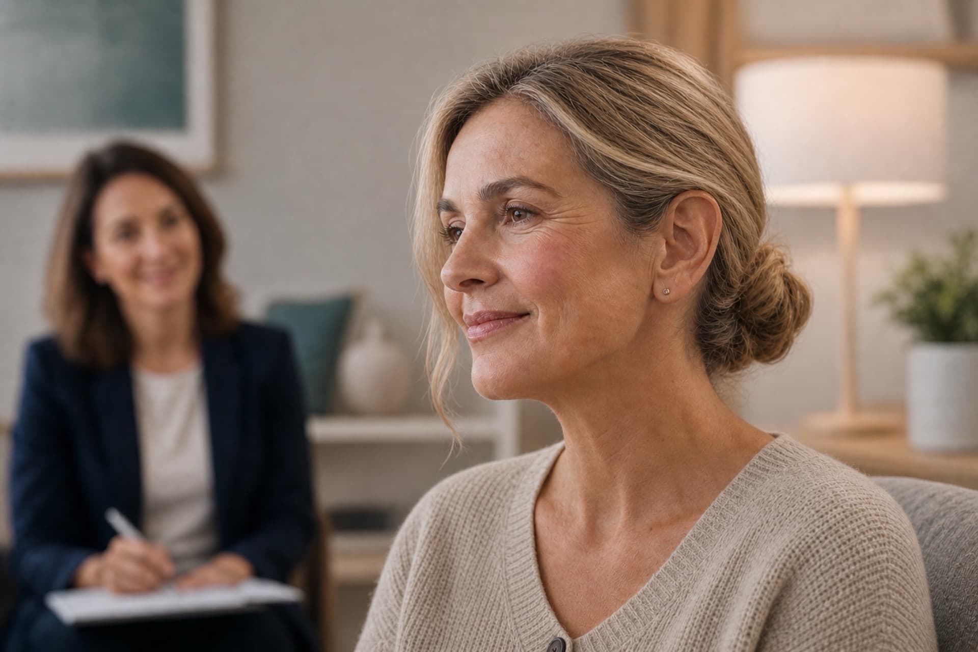 Calm, reassured patient during a hearing assessment appointment, with her audiologist noting results behind her