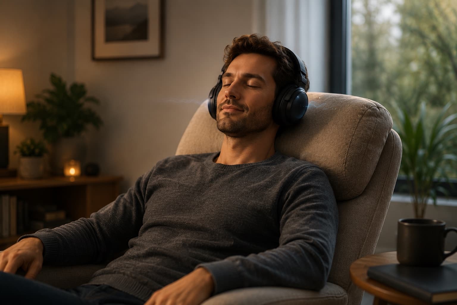 Man relaxing at home in an armchair with headphones on, eyes closed, listening to calming background sound